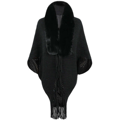 Stylish Fur Jacket Shawl in black, featuring a fur collar and elegant fringe detail, perfect for women's fashion.