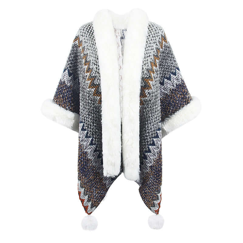 Stylish gray and white Fur Trimmed Poncho with geometric patterns and fur edges, perfect for autumn and winter wear.