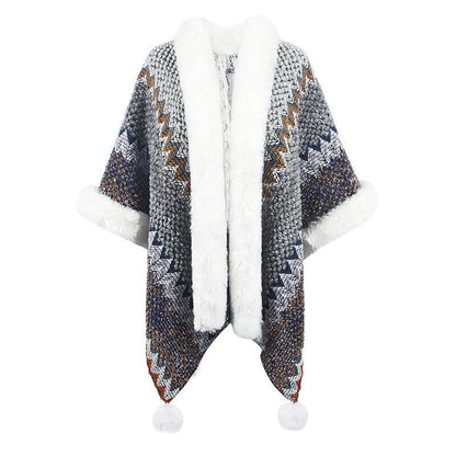 Stylish gray and white Fur Trimmed Poncho with geometric patterns and fur edges, perfect for autumn and winter wear.