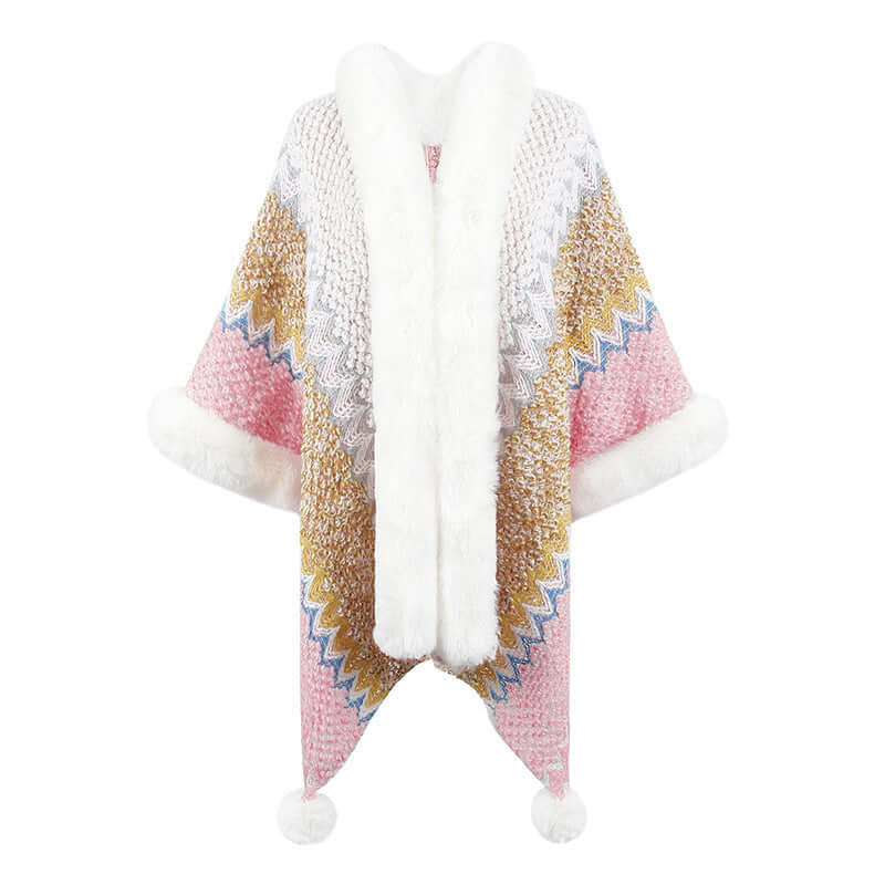 Fur Trimmed Poncho in pastel colors with a cozy knit design featuring a luxurious fluffy fur trim.