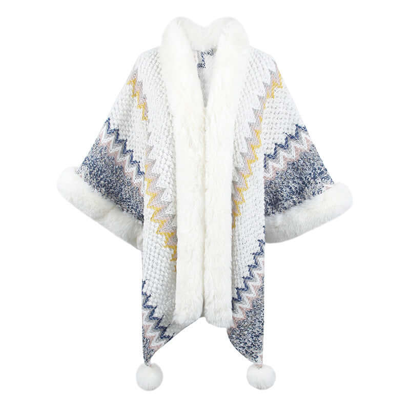 Fur Trimmed Poncho featuring a stylish chevron pattern and cozy fur trim, perfect for elegant autumn and winter warmth.