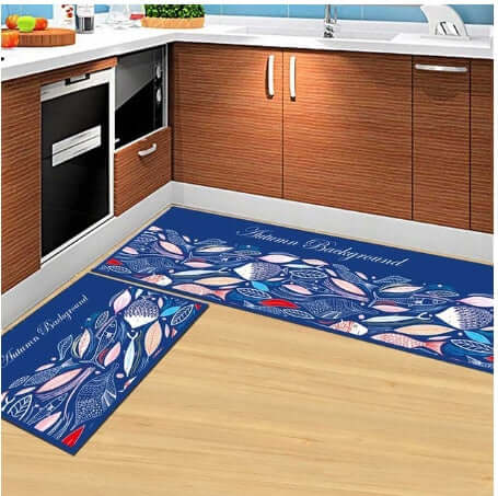Stylish household floor mats featuring a floral design, enhancing kitchen aesthetics and comfort.