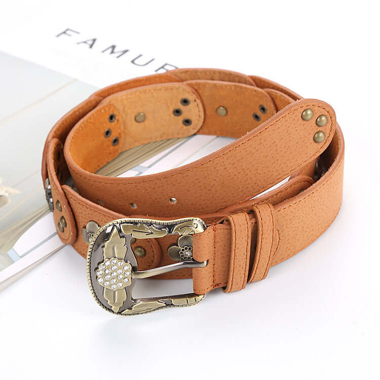 Stylish Leather Floral Belt featuring a decorative buckle and intricate design, perfect for enhancing any outfit.