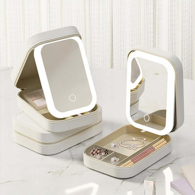 Elegant Makeup Storage Box with a mirror and organized compartments for cosmetics and jewelry.