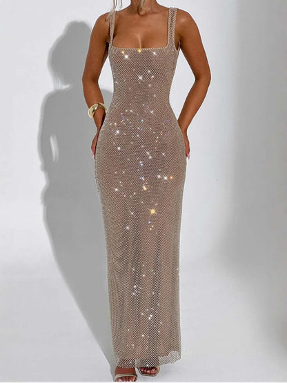 Maxi Shoulder Strap Dress with a sequined finish, showcasing hip skirt design, accentuating waistline for elegant evening wear.