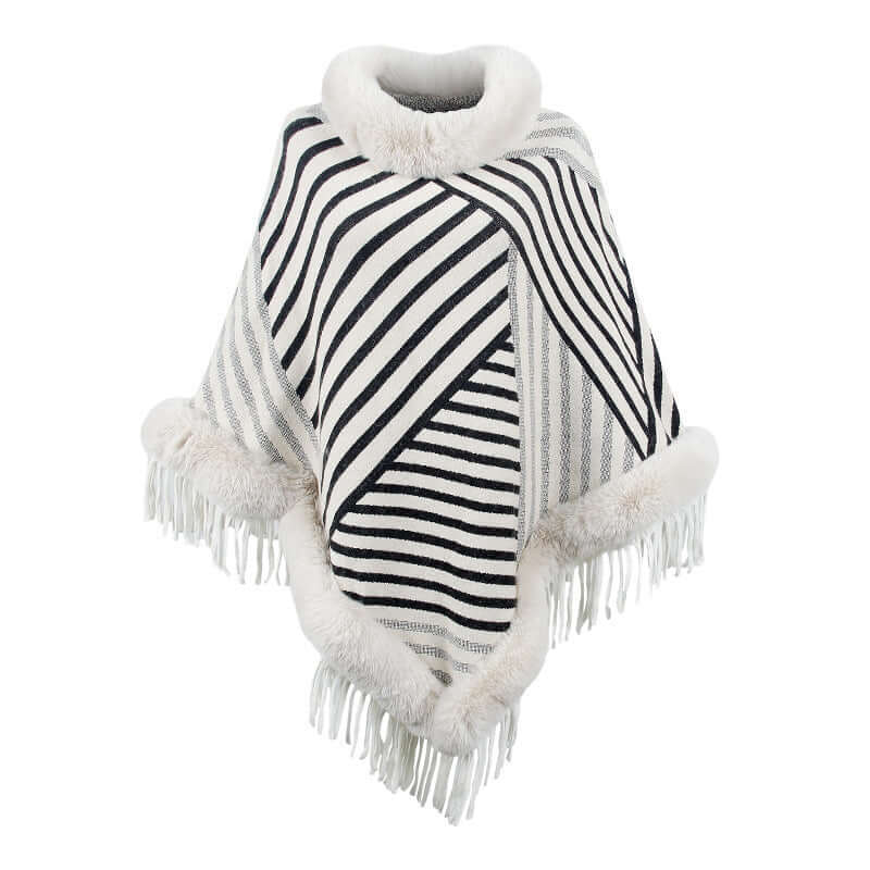 Stylish Poncho Coat with Fur trim in striped design, perfect for cozy elegance in any season.