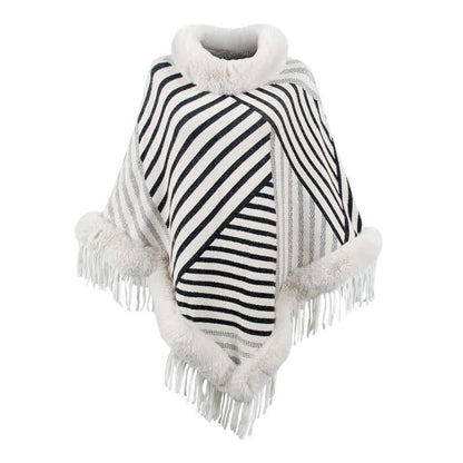 Stylish Poncho Coat with Fur trim in striped design, perfect for cozy elegance in any season.