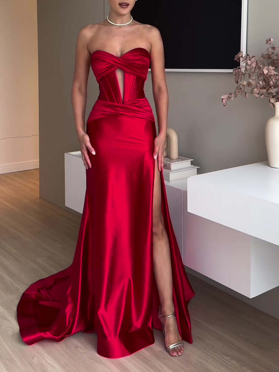 Alt Tag: Model wearing a red Extra Long Evening Gown with elegant drape and side slit, perfect for formal events.