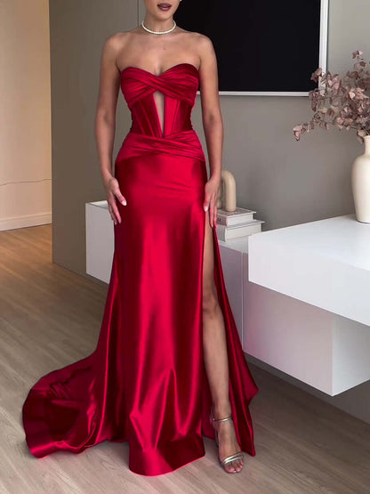 Elegant red extra long evening gown with solid color design, showcasing sophistication and style for formal events.