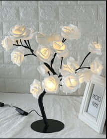Rose Small Tree Lamp with illuminated white flowers, perfect for elegant home decor in living rooms or bedrooms.