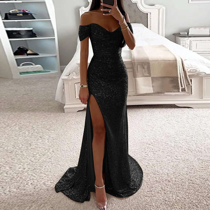 Elegantly showcase your style with this black Sparkling Slit Maxi Dress, perfect for evening parties and special occasions.