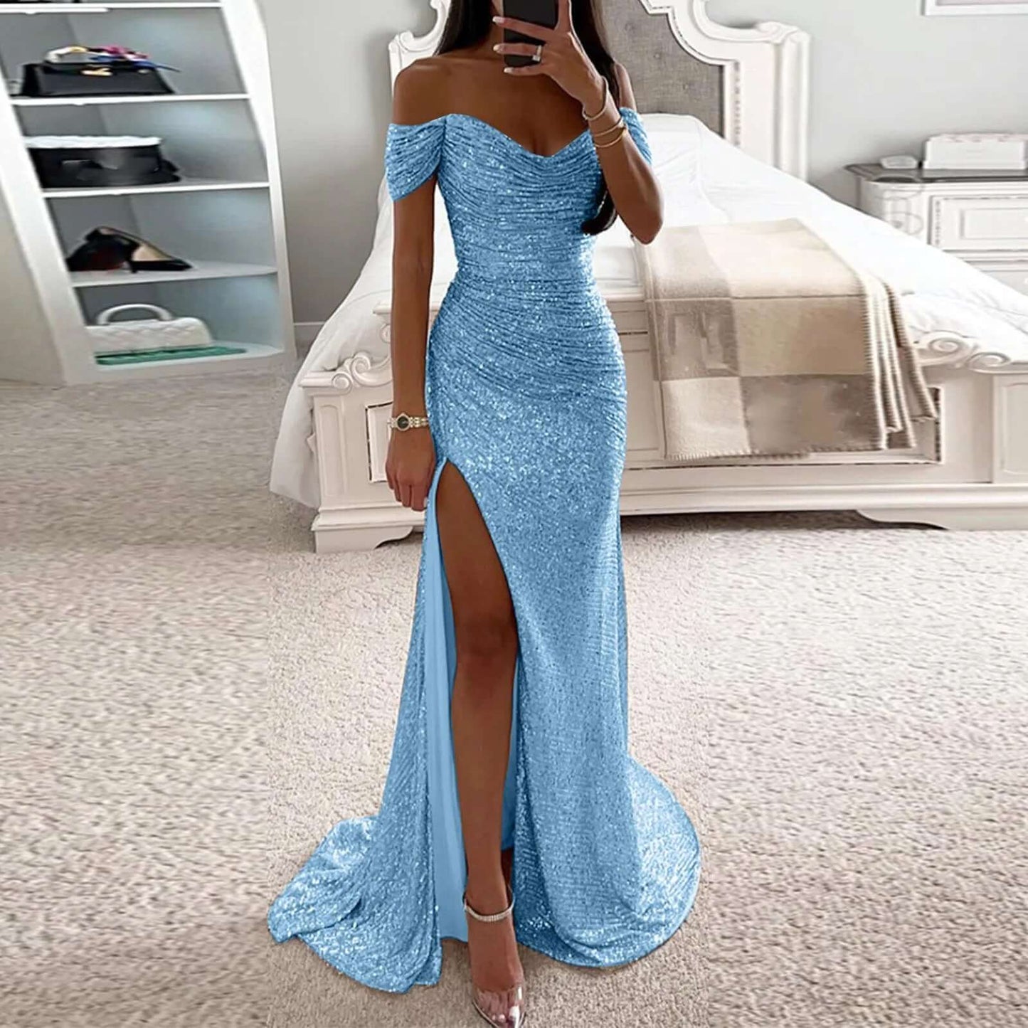 Woman wearing a blue Sparkling Slit Maxi Dress with an off-shoulder design, perfect for evening parties. Available in sizes US 2 to 26W.