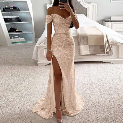 Elegant Sparkling Slit Maxi Dress, perfect for evening parties, featuring off-shoulder design and high slit for a flattering fit.