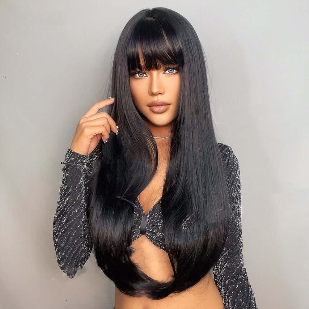 Elegant black straight long wig made from high-temperature silk, offering a natural look and versatile styling for any occasion.