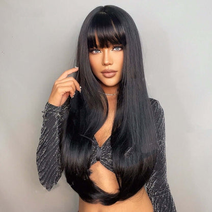 Elegant black straight long wig made from high-temperature silk, offering a natural look and versatile styling for any occasion.