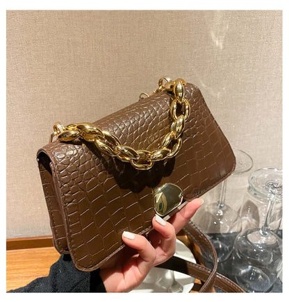 Elegant dark brown Crossbody Messenger Bag Purse with a chic gold chain, perfect for stylish women. Made from high-quality PU material.