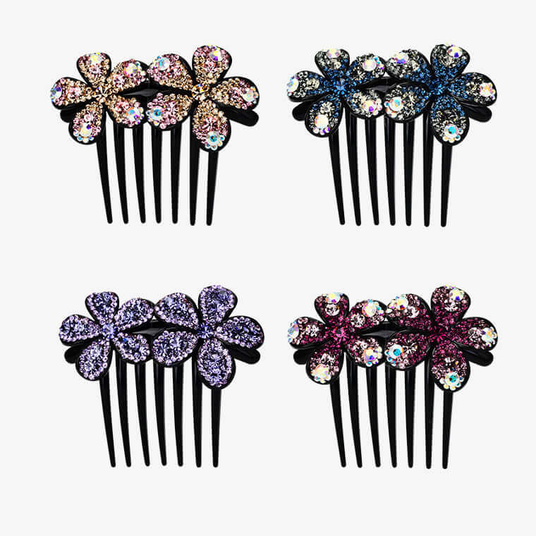 Colorful flower-shaped hair comb ornaments with shimmering Austrian diamonds, inspired by Korean style. Perfect for a sophisticated look.