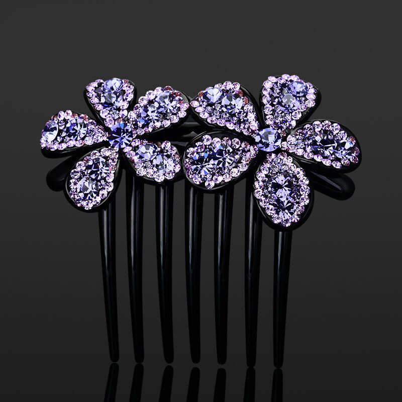 Hair Comb Ornament with floral design and Austrian diamonds on a black background