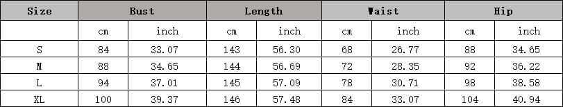 Size chart for the Elegant High Slit Maxi Dress showing bust, length, waist, and hip measurements in cm and inches for sizes S to XL.
