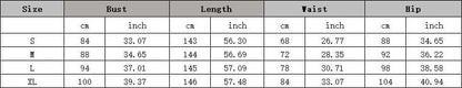 Size chart for the Elegant High Slit Maxi Dress showing bust, length, waist, and hip measurements in cm and inches for sizes S to XL.