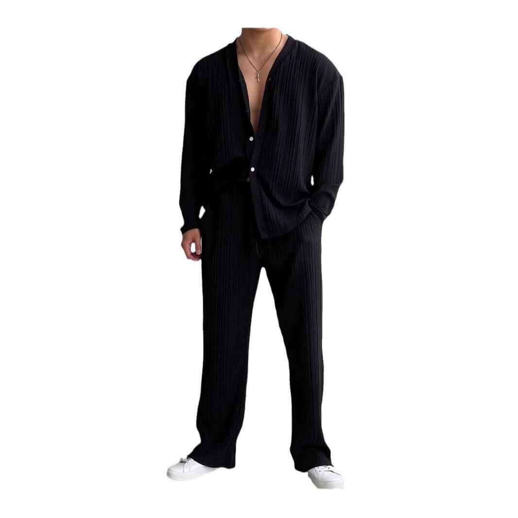 Loungewear Outfit: Stylish black button-down top and pants set for ultimate comfort and elegance, perfect for cozy casual occasions.