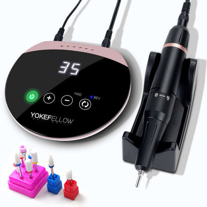 Professional Nail Drill Machine with 35,000 RPM for precise shaping and polishing, featuring robust aluminum body and tool accessories.