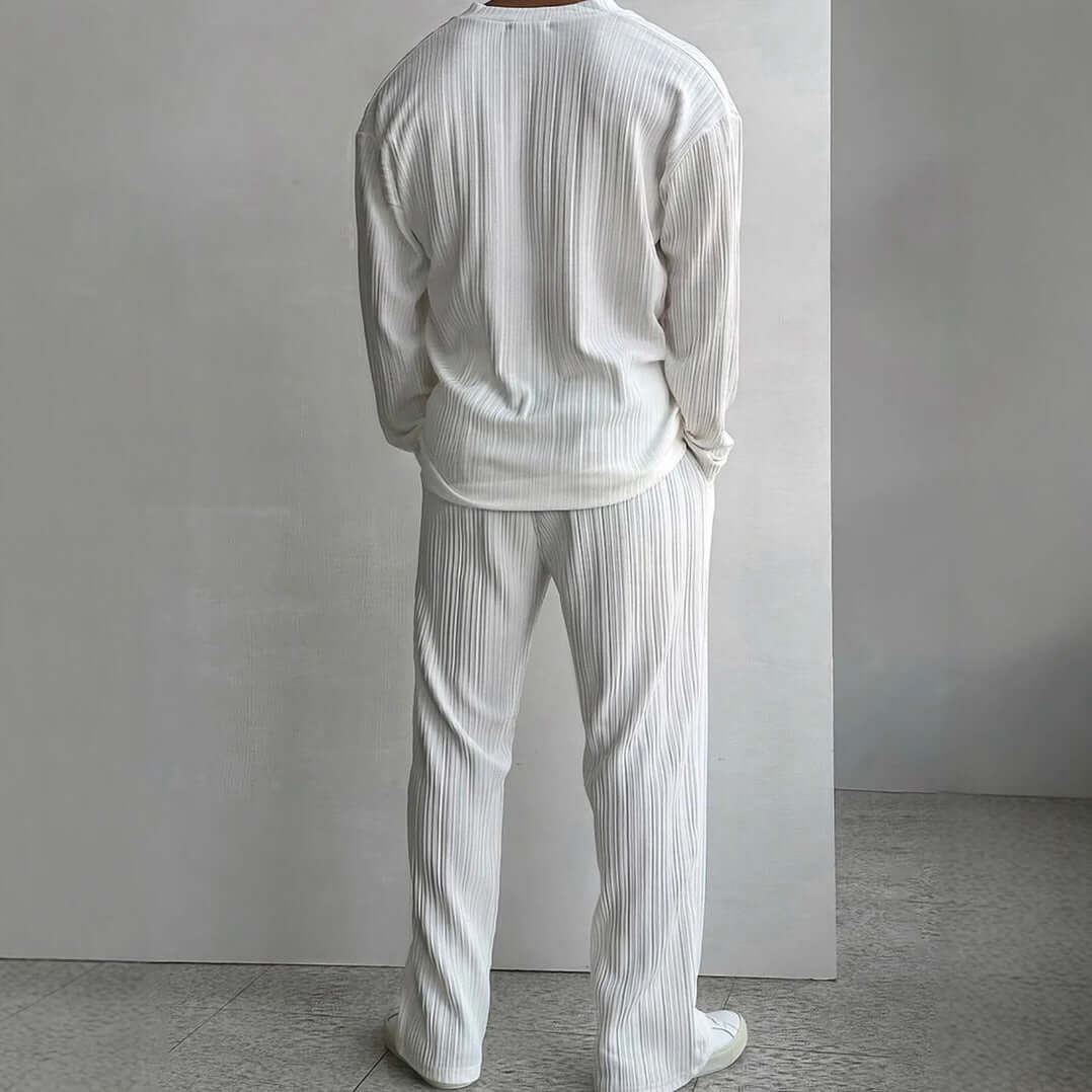 Back view of a white loungewear outfit, highlighting comfortable and stylish casual clothing for relaxation at home.