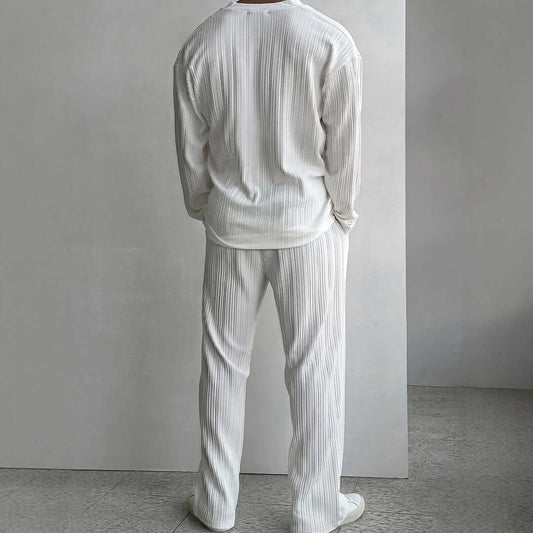 Back view of a white loungewear outfit, highlighting comfortable and stylish casual clothing for relaxation at home.