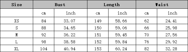 Size chart for Extra Long Evening Gown showing measurements in cm and inches for bust, length, and waist from XS to XL.
