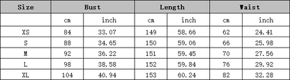 Size chart for Extra Long Evening Gown showing measurements in cm and inches for bust, length, and waist from XS to XL.