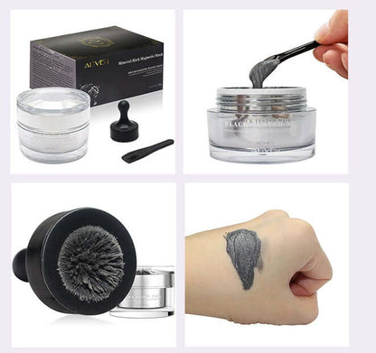 Facial Mud Mask with natural ingredients for removing dead skin cells, shown with application brush and texture on hand.