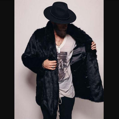 Person wearing a stylish mink-like faux fur coat, showcasing the open interior design, perfect for a fashionable winter look.