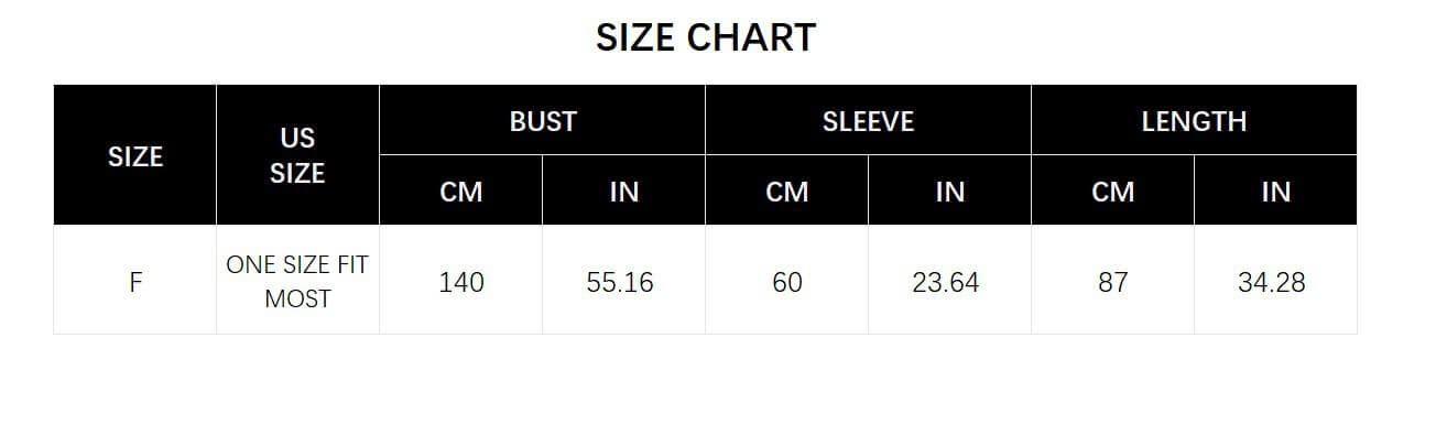 Size chart for faux fur shawl, detailing measurements in centimeters and inches.