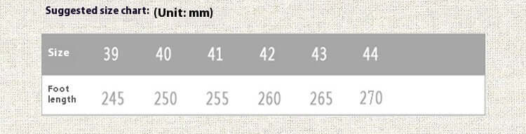 Size chart for faux leather loafers showing foot lengths in mm for sizes 39 to 44, ranging from 245mm to 270mm.