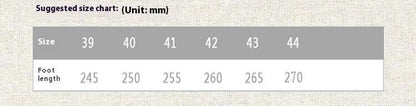 Size chart for faux leather loafers showing foot lengths in mm for sizes 39 to 44, ranging from 245mm to 270mm.