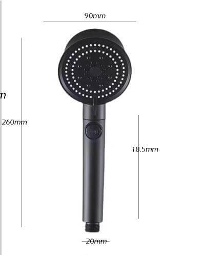 Five-color Wind Turbine Shower Head featuring ergonomic design and precise dimensions for an invigorating shower experience.