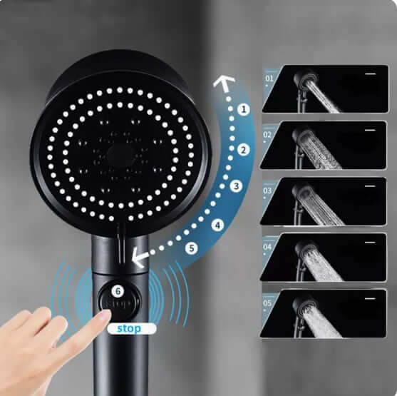 Five-color Wind Turbine Shower Head with adjustable settings for a luxurious shower experience showcased with user interaction.