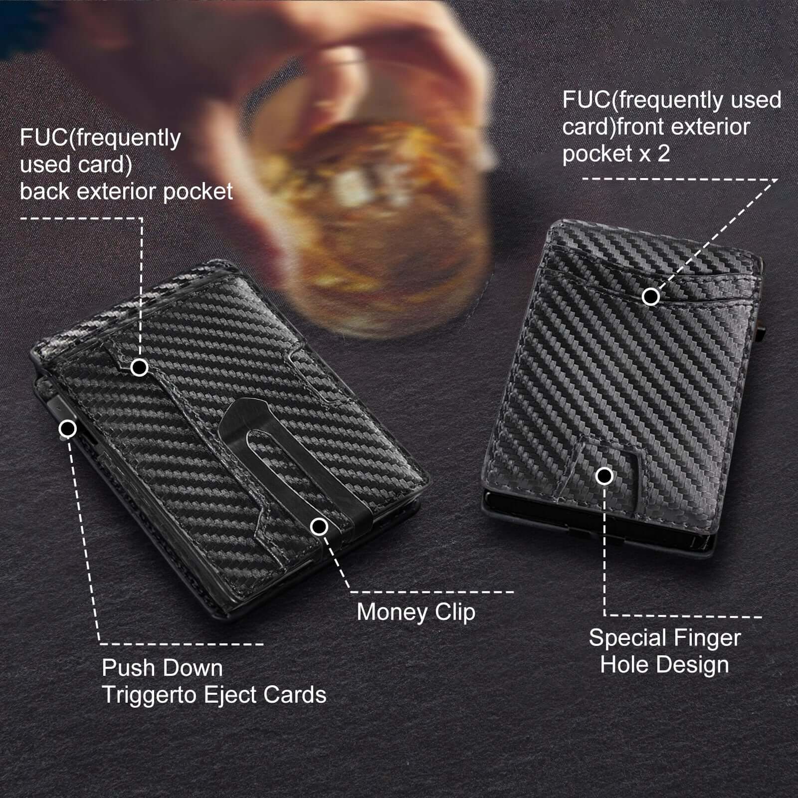 Flip Card Holder Wallet with carbon fiber pattern, featuring pockets, money clip, and finger hole design for modern convenience.