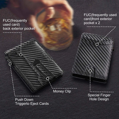 Flip Card Holder Wallet with carbon fiber pattern, featuring pockets, money clip, and finger hole design for modern convenience.