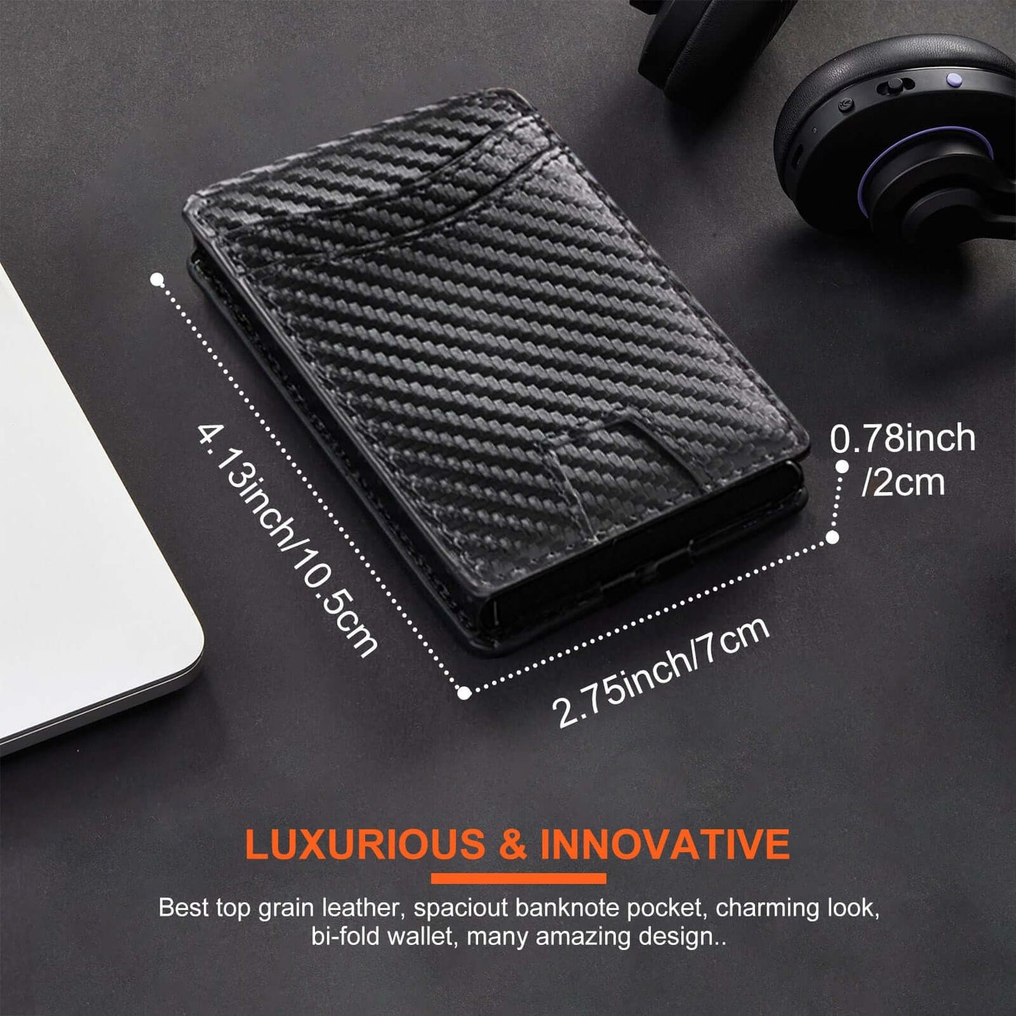 Flip Card Holder Wallet with black carbon fiber design, dimensions 4.13 x 2.75 x 0.78 inches, showcasing modern aesthetics and functionality.