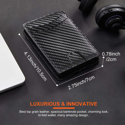 Flip Card Holder Wallet with black carbon fiber design, dimensions 4.13 x 2.75 x 0.78 inches, showcasing modern aesthetics and functionality.