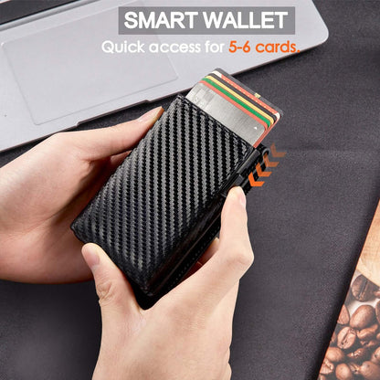 Flip Card Holder Wallet featuring sleek black carbon fiber design, offering quick access to 5-6 cards, held in hands.