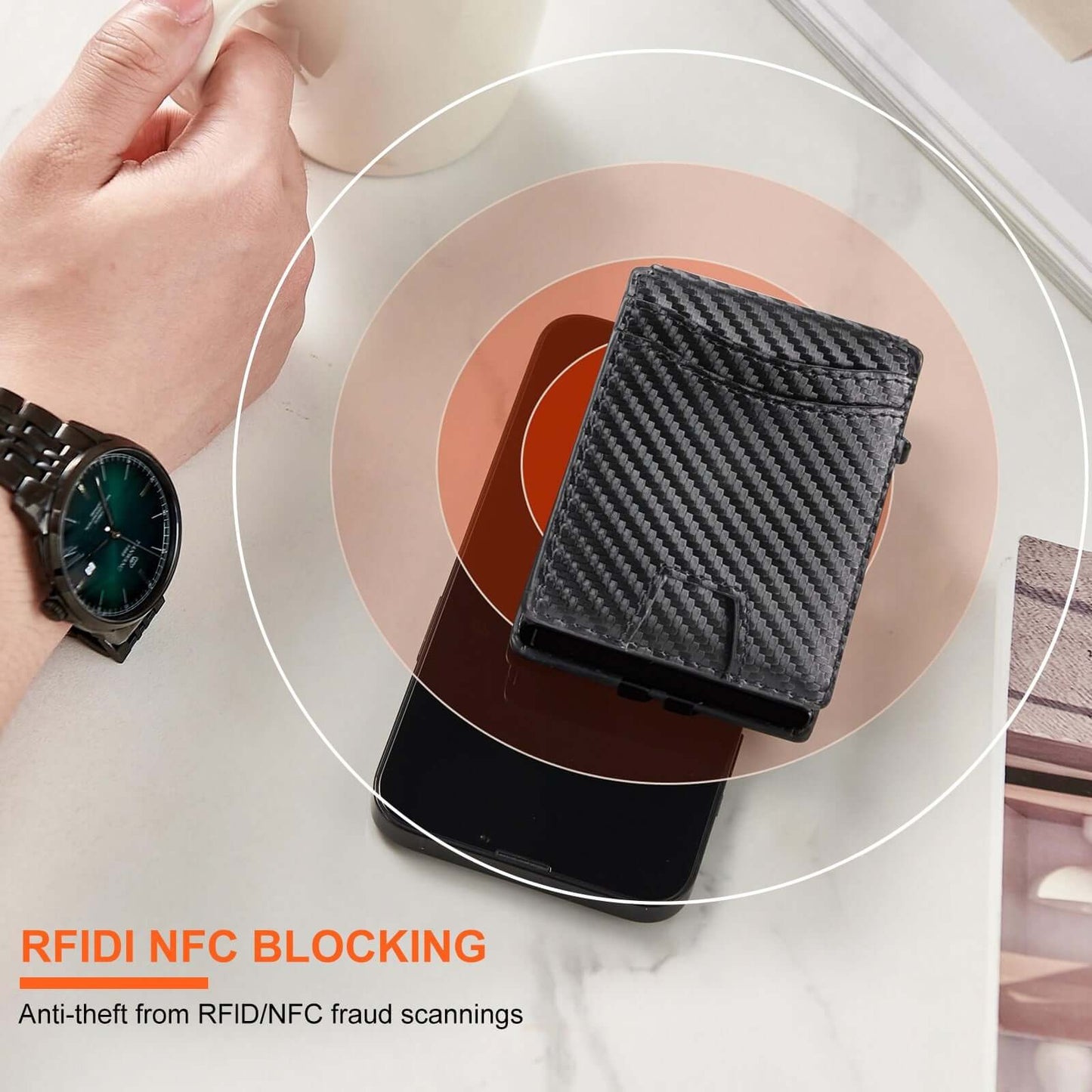Flip Card Holder Wallet with RFID NFC blocking on smartphone, black carbon fiber pattern, anti-theft protection.