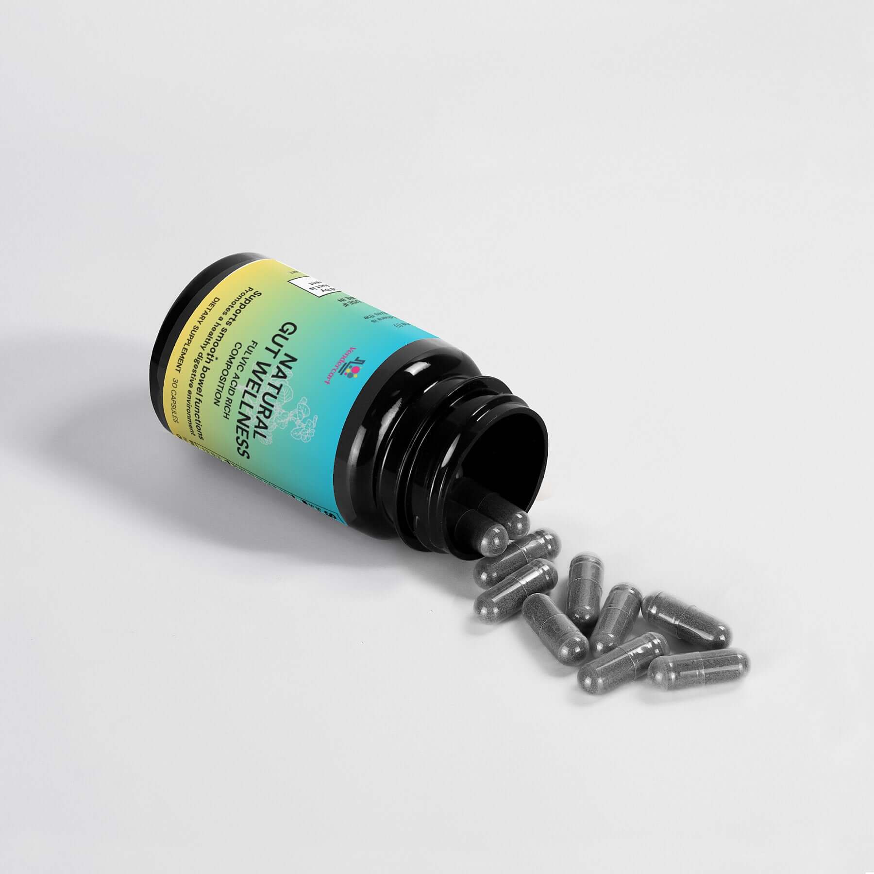 Fulvic Acid Supplement capsule bottle with capsules spilling from a black container, promoting digestive health with natural ingredients.