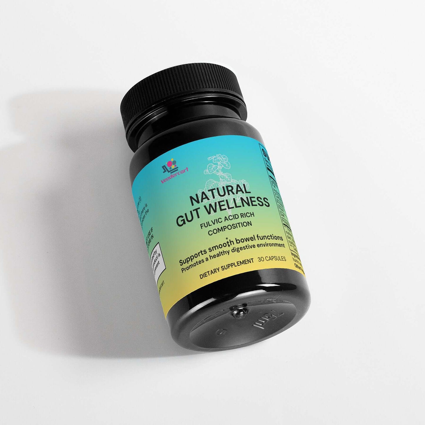 Fulvic Acid Supplement bottle for digestive health, featuring natural ingredients like Birch Chaga and Pine Bark Extract.