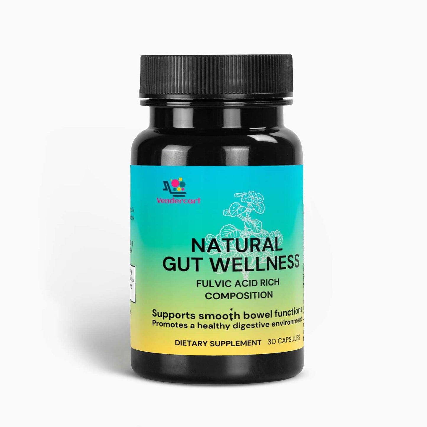 Fulvic Acid Supplement bottle for digestive health, featuring natural ingredients like Birch Chaga and Pine Bark Extract, 30 capsules.