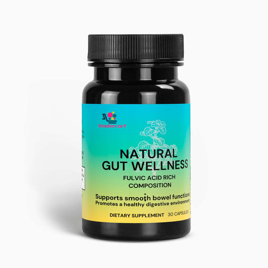 Fulvic Acid Supplement bottle for digestive health, featuring natural ingredients like Birch Chaga and Pine Bark Extract, 30 capsules.