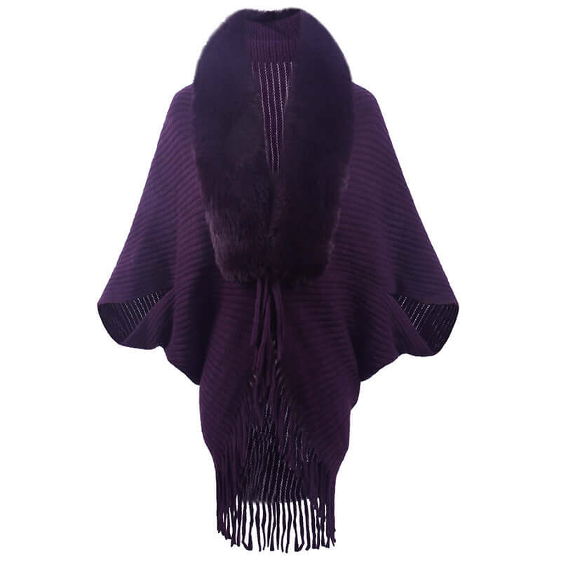 Luxurious Fur Jacket Shawl in deep purple with fringe detailing, perfect for stylish warmth and versatility.