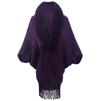 Luxurious Fur Jacket Shawl in deep purple with fringe detailing, perfect for stylish warmth and versatility.
