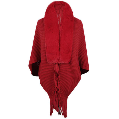 Red Fur Jacket Shawl featuring a plush collar and stylish fringe, perfect for a chic fashion statement.